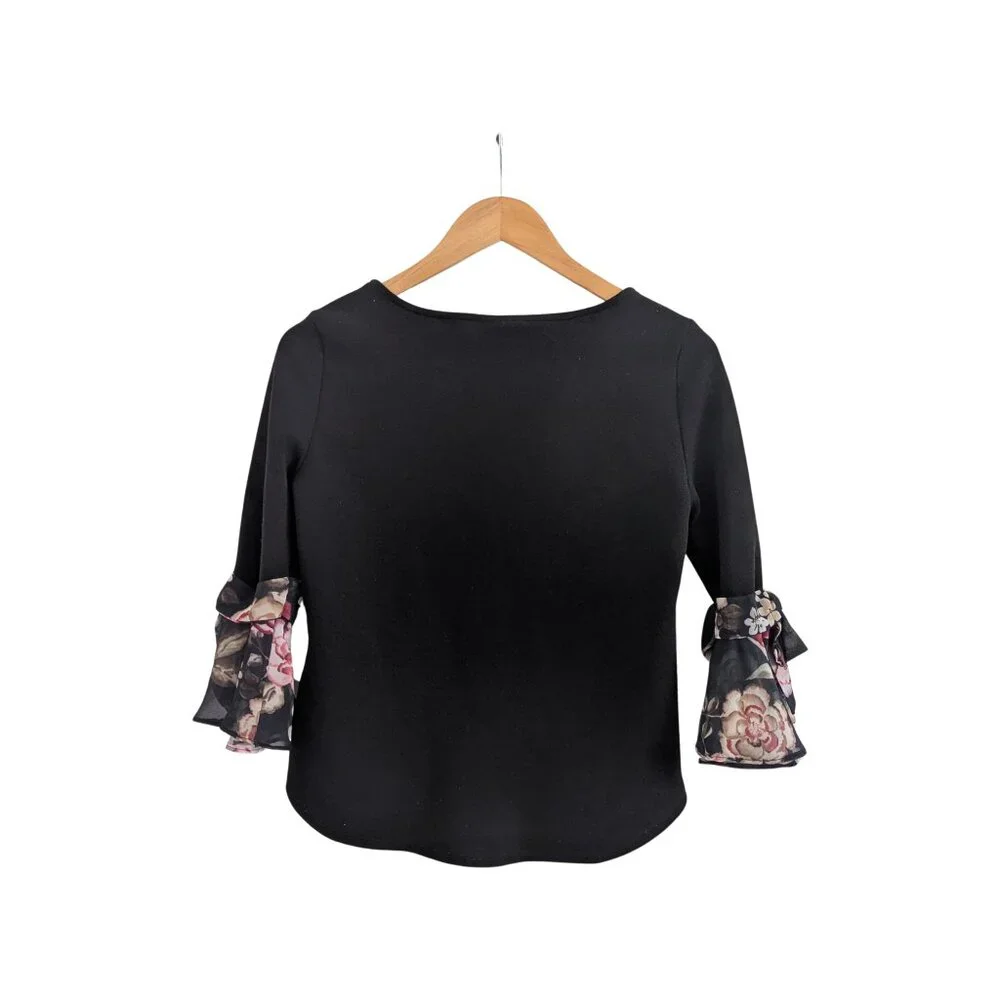7th Avenue Design Studio Black TopXS Floral Ruffle Bell Sleeve Bow Stretch top - Picture 3 of 7